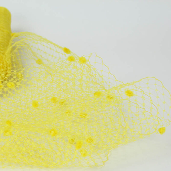 Yellow Standard diamond pattern with 1/4 inch opening, 8-9 inch width and 1/4 inch chenille dots, 100% nylon.