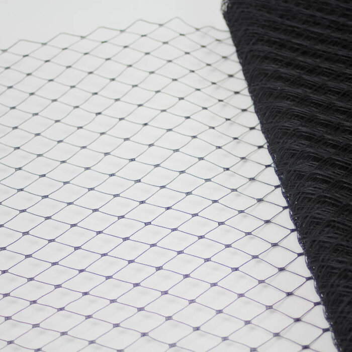 Black Merry Widow pattern with 1/2 inch diamond opening, 12 inch width, 100% nylon. 